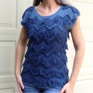 Anthropologie Yellowbird Wool Blend Boho Tassle Chevron Fringe Sweater Medium
